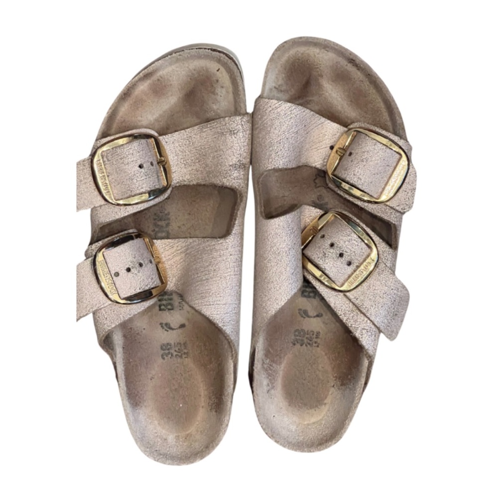 Birkenstocks: Rose Gold with gold buckles.